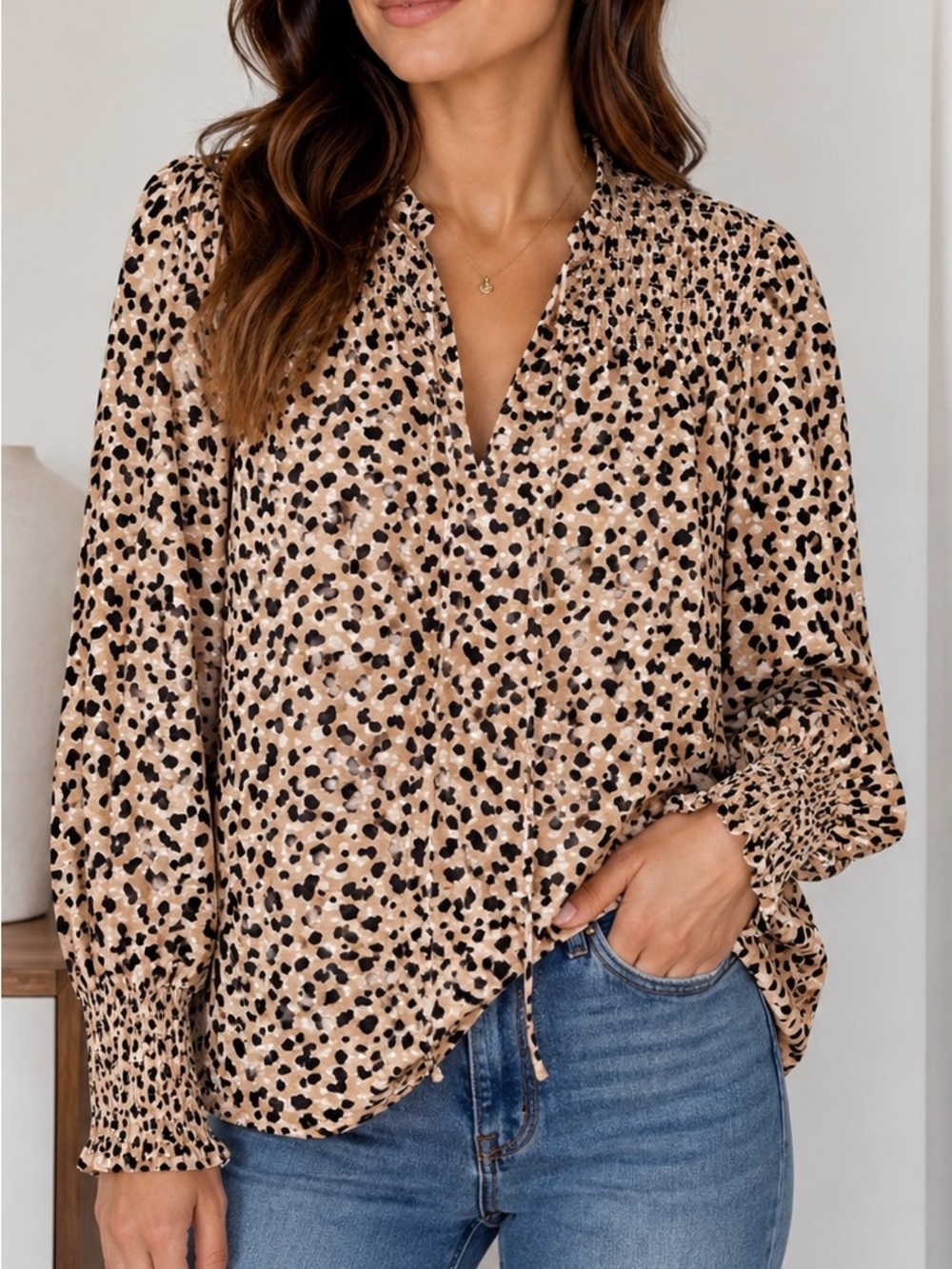 Ann Taylor Leopard Print Smocked Peasant Blouse Size Large Boho Chic